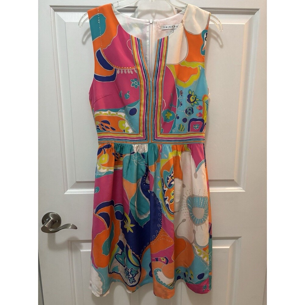 Trina Turk Crushes Sea Cove Tropical Floral Print Sleeveless Silk Dress 8 EUC